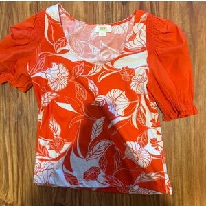 Anthropologie Orange and White Puff Sleeve Blouse